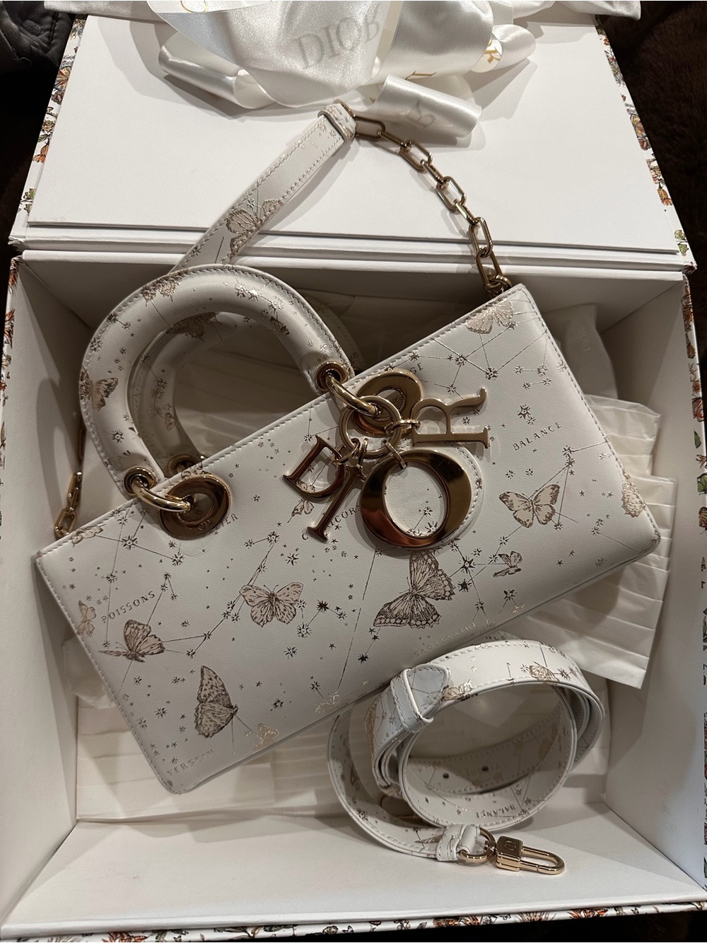 Dior Medium Lady Dior Butterfly Zodiac White Gold Bag